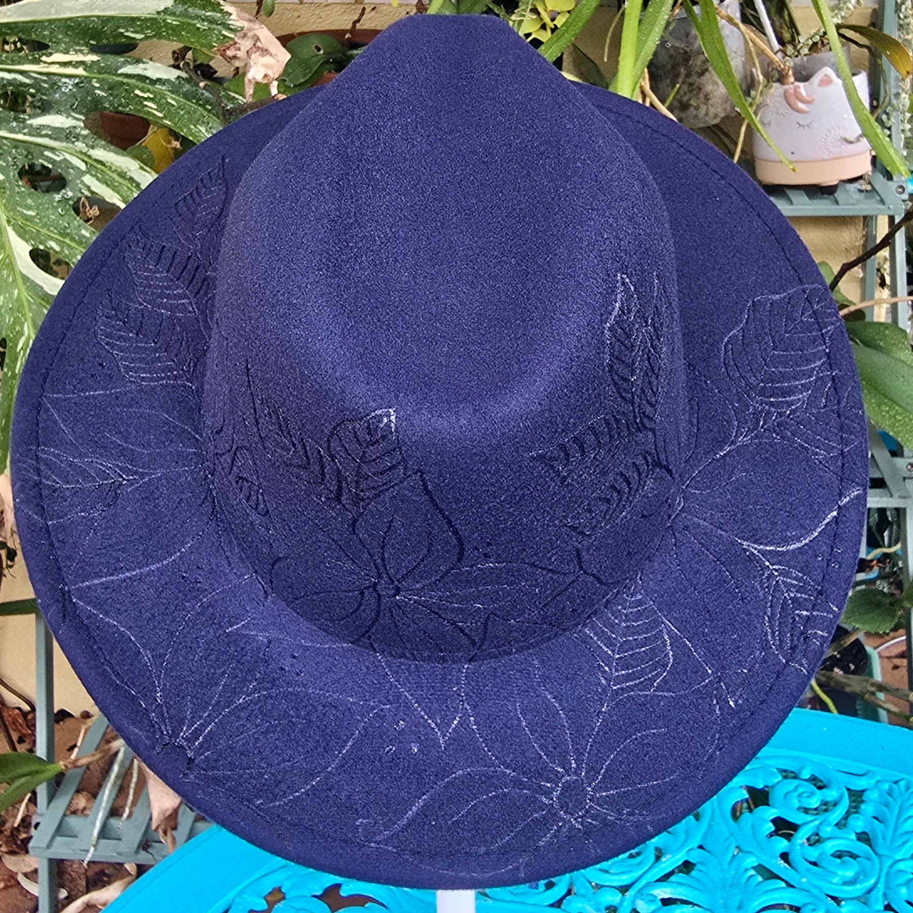Hand burnt short brim fedora hat - floral pattern
