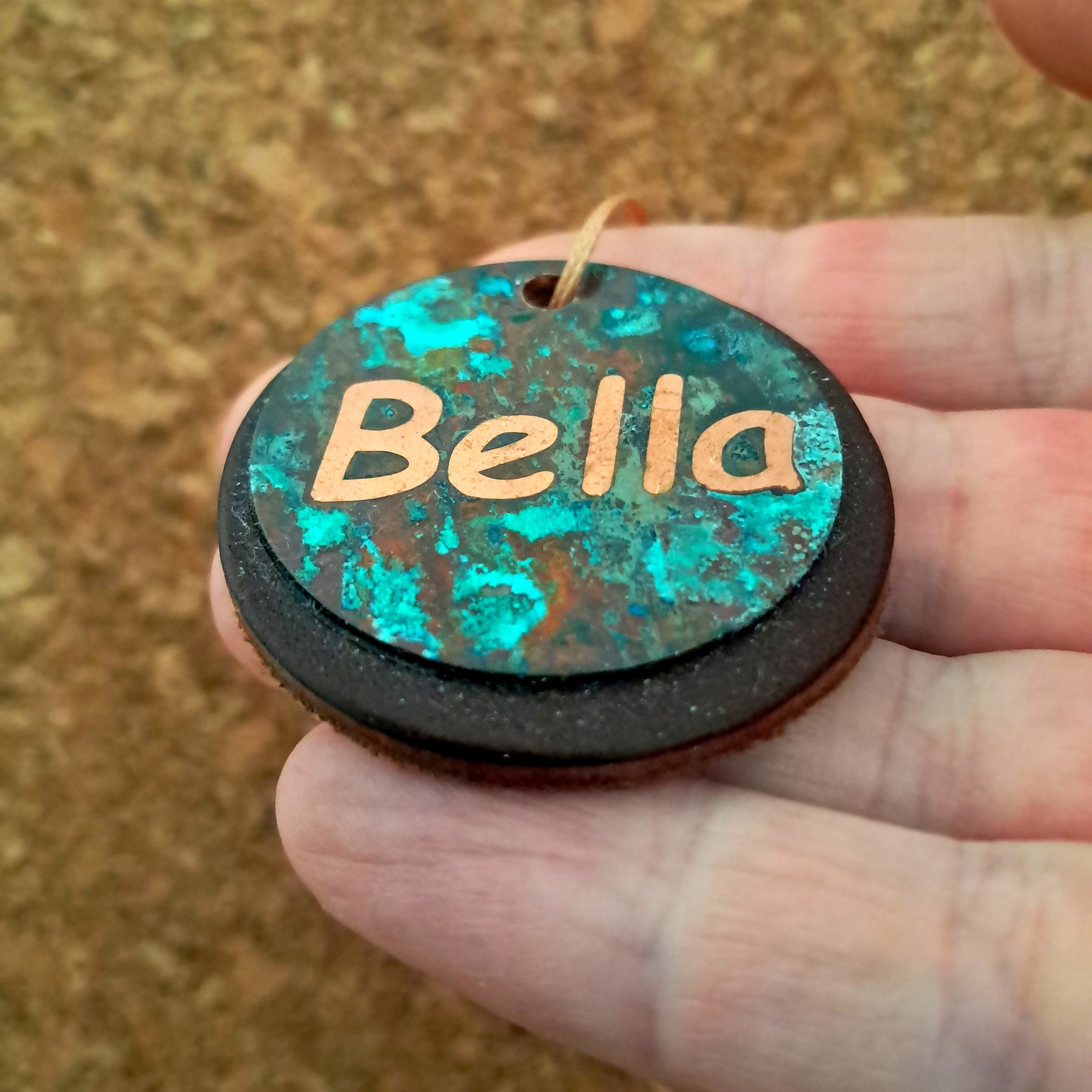 Copper Patina Pet Tag with Leather Backing