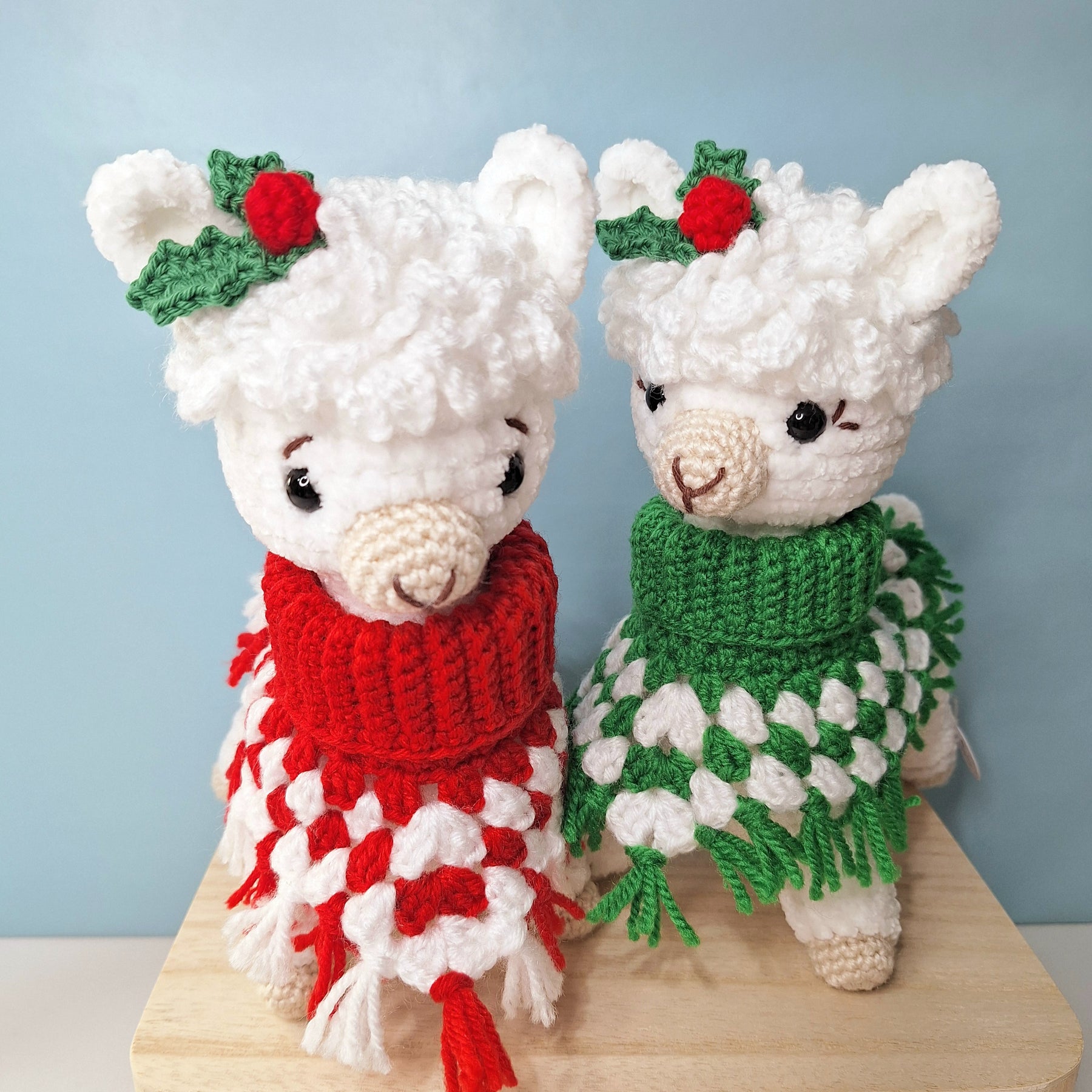 Crocheted Christmas Alpaca wearing a Poncho