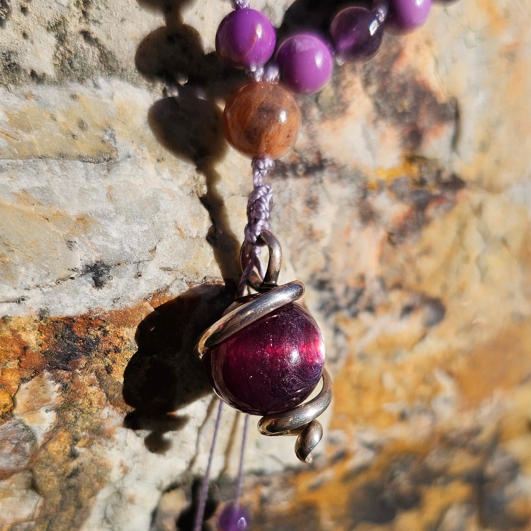 Lepidolite Sterling silver pendant on Gemstone Mala Bead Necklace