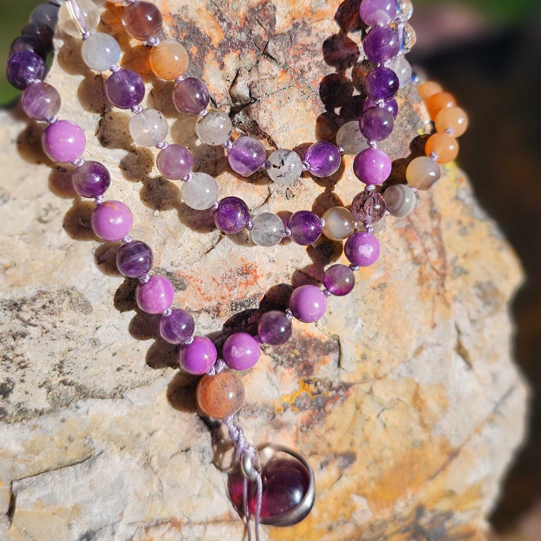 Lepidolite Sterling silver pendant on Gemstone Mala Bead Necklace