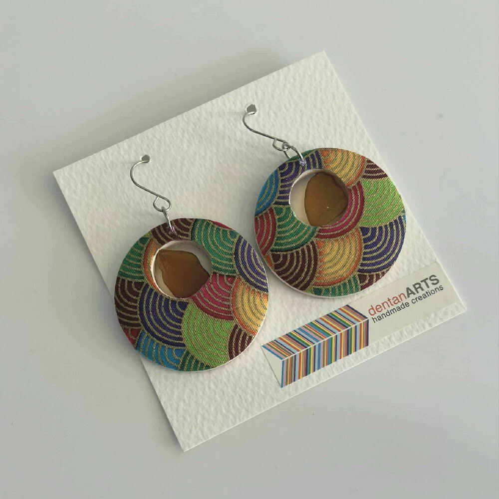 Hikari Woodglass Jewelry Series : Japanese Fabric Wooden Earrings with Sea Glass (Large for the Bold)