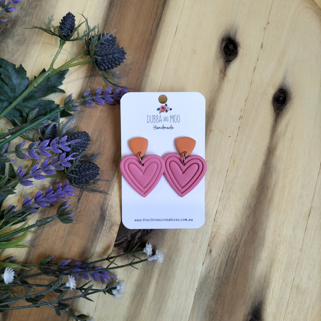 Embossed Heart Polymer Clay Dangle Earrings - Assorted Colours