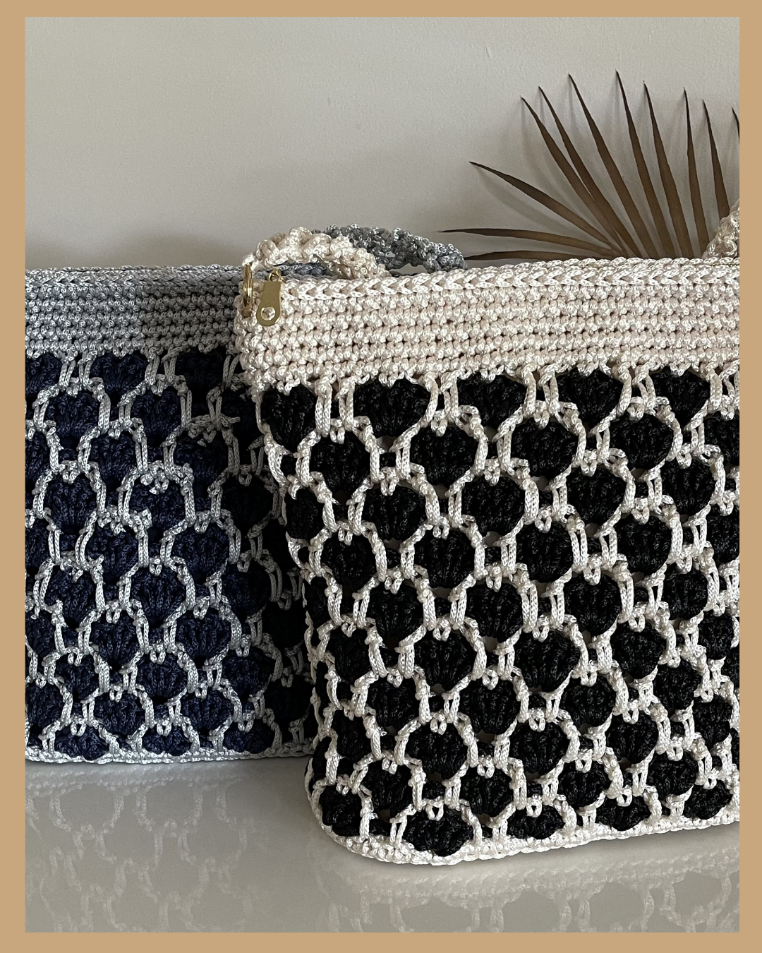 Handmade Crochet Crossbody Bag, Black & Cream and Navy & Grey, Fully Lined with Zip closure