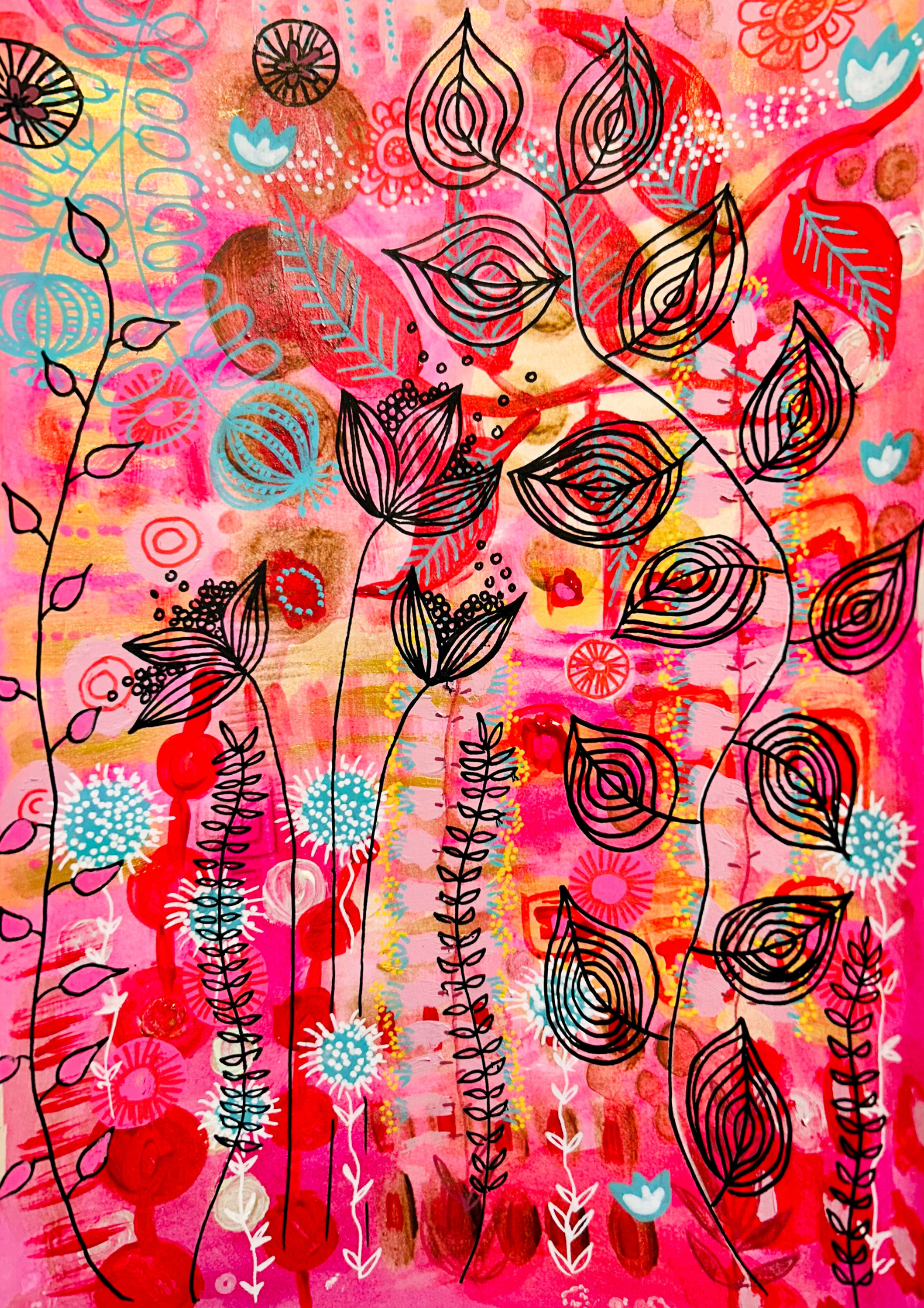 Hand Painted Original Art : Blossoming In Hot Pink