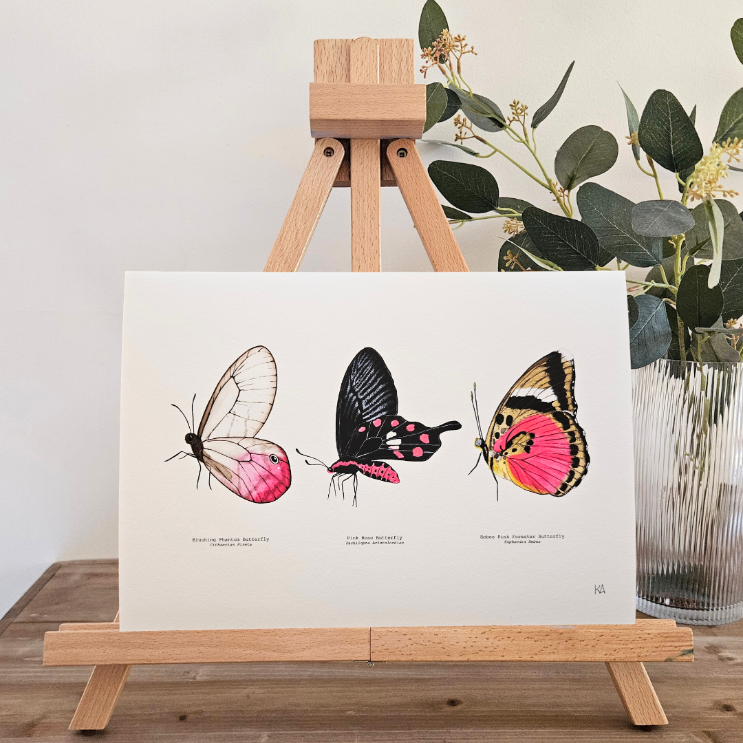 Watercolour Art Print - 'Pink Butterfly Trio'