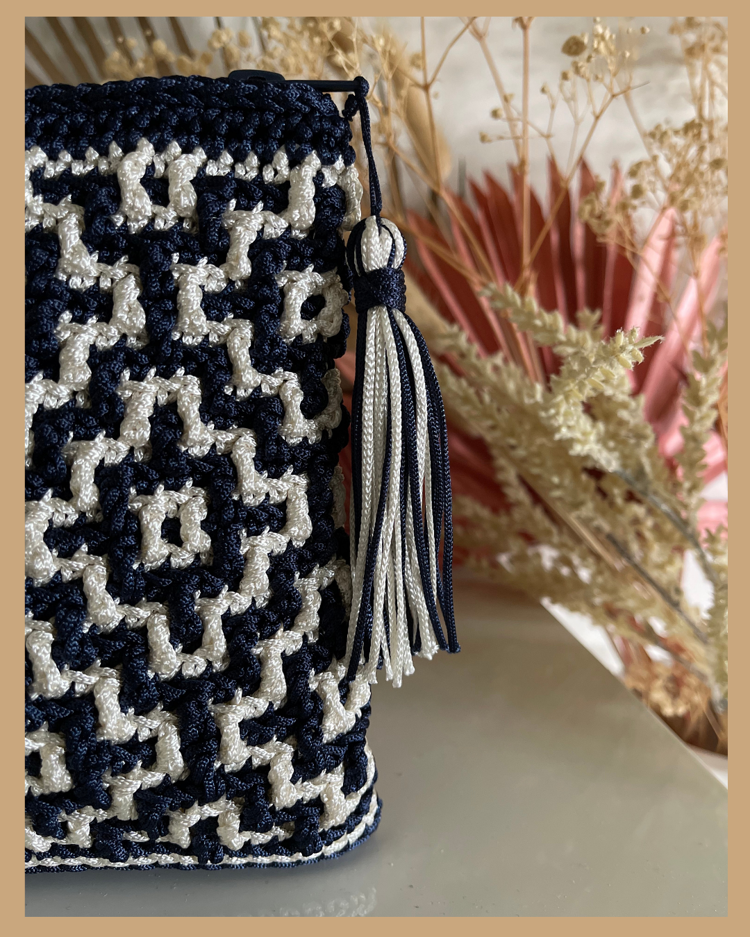 Handmade Crochet Mosaic Pattern Clutch Bag, Navy and Cream or Black and White with Zip