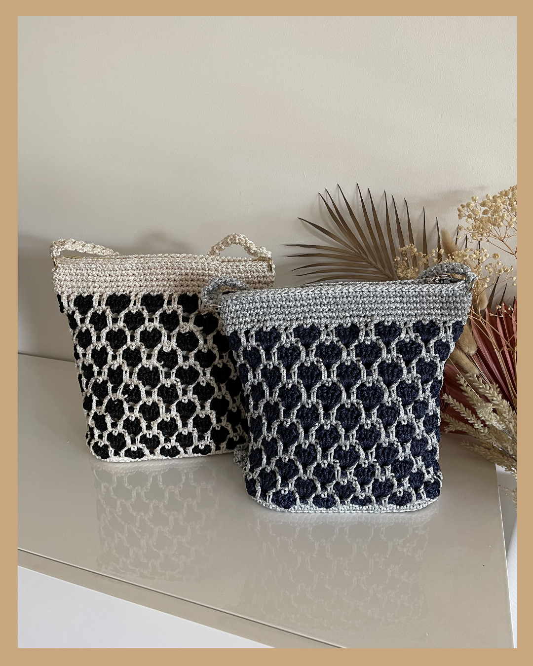 Handmade Crochet Crossbody Bag, Black & Cream and Navy & Grey, Fully Lined with Zip closure
