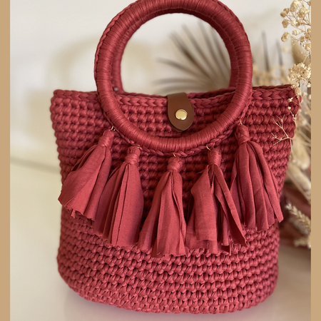 Handmade Crochet Bag Rose T Shirt Yarn Tassel Bag 30cm