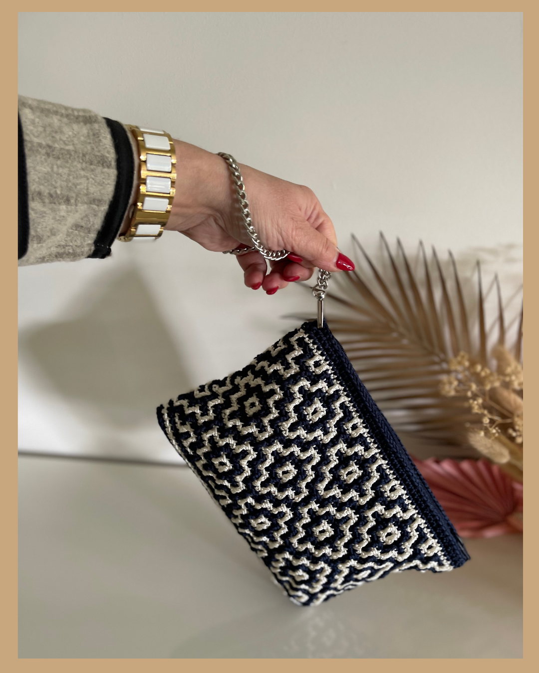 Handmade Crochet Mosaic Pattern Clutch Bag, Navy and Cream or Black and White with Zip