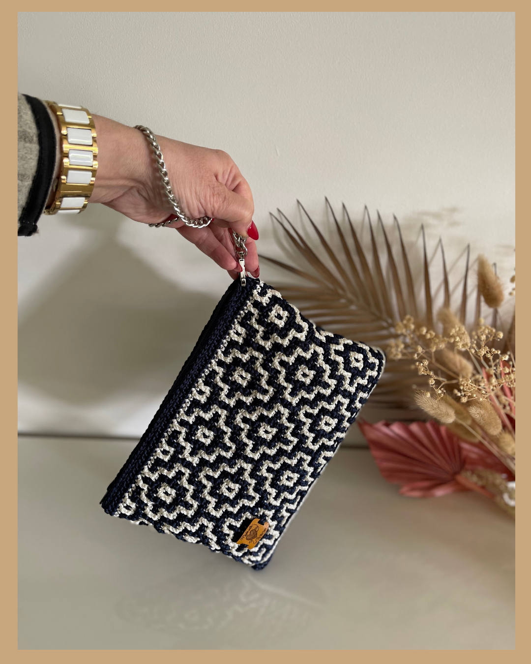 Handmade Crochet Mosaic Pattern Clutch Bag, Navy and Cream or Black and White with Zip