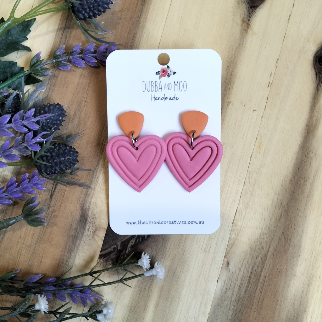 Embossed Heart Polymer Clay Dangle Earrings - Assorted Colours