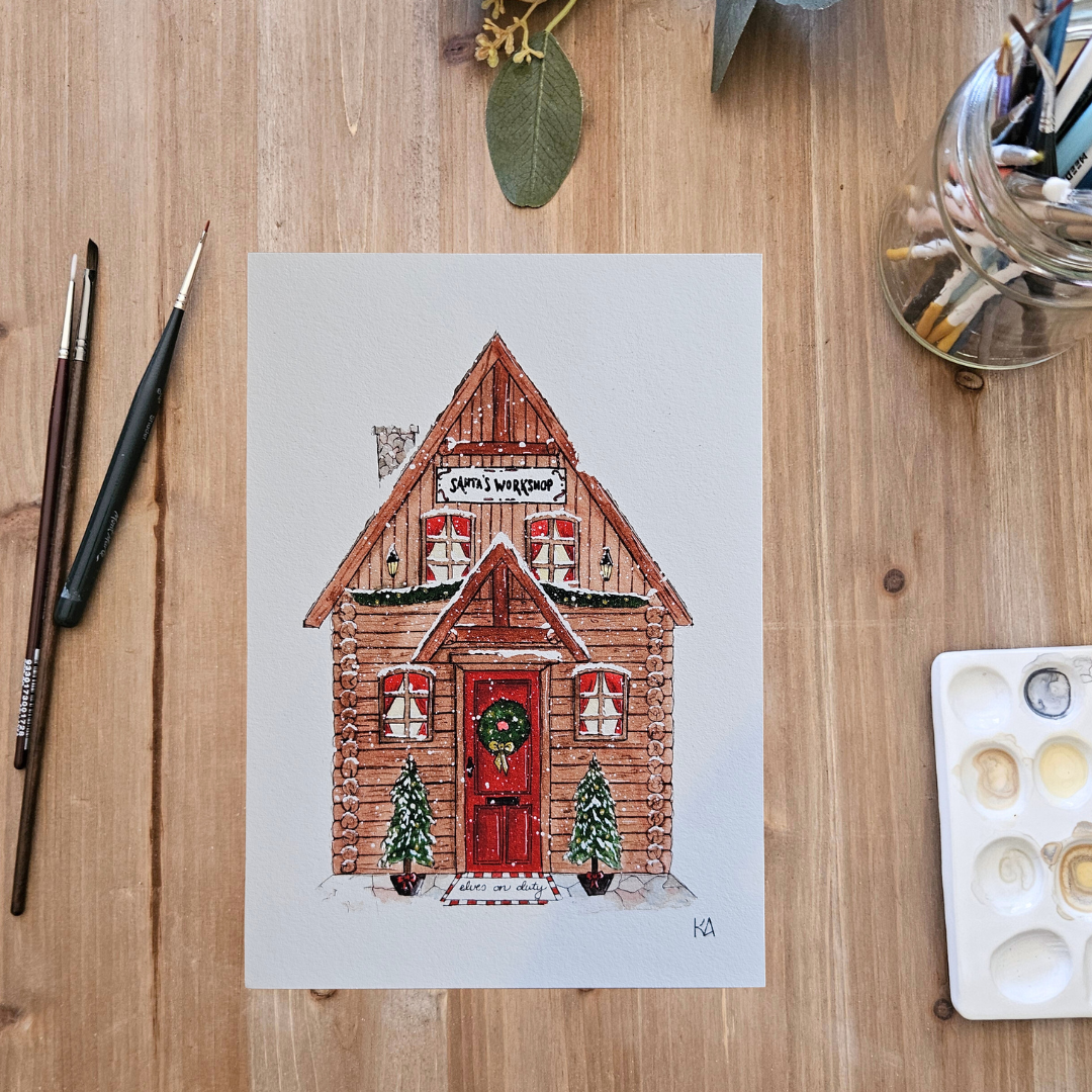 Watercolour Art Print - 'Santa's Workshop'