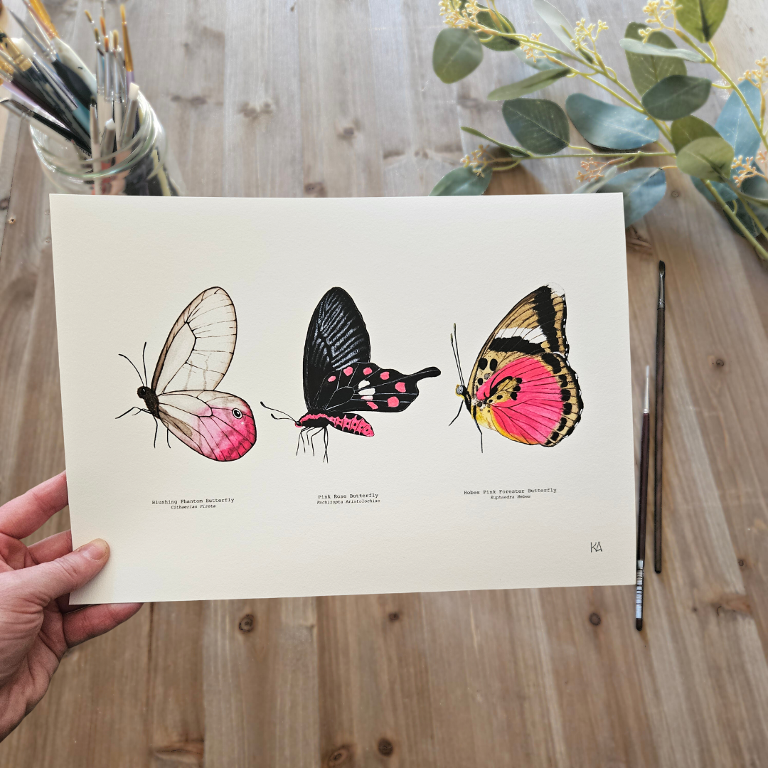 Watercolour Art Print - 'Pink Butterfly Trio'