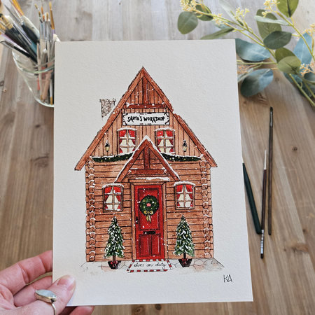 Watercolour Art Print - 'Santa's Workshop'