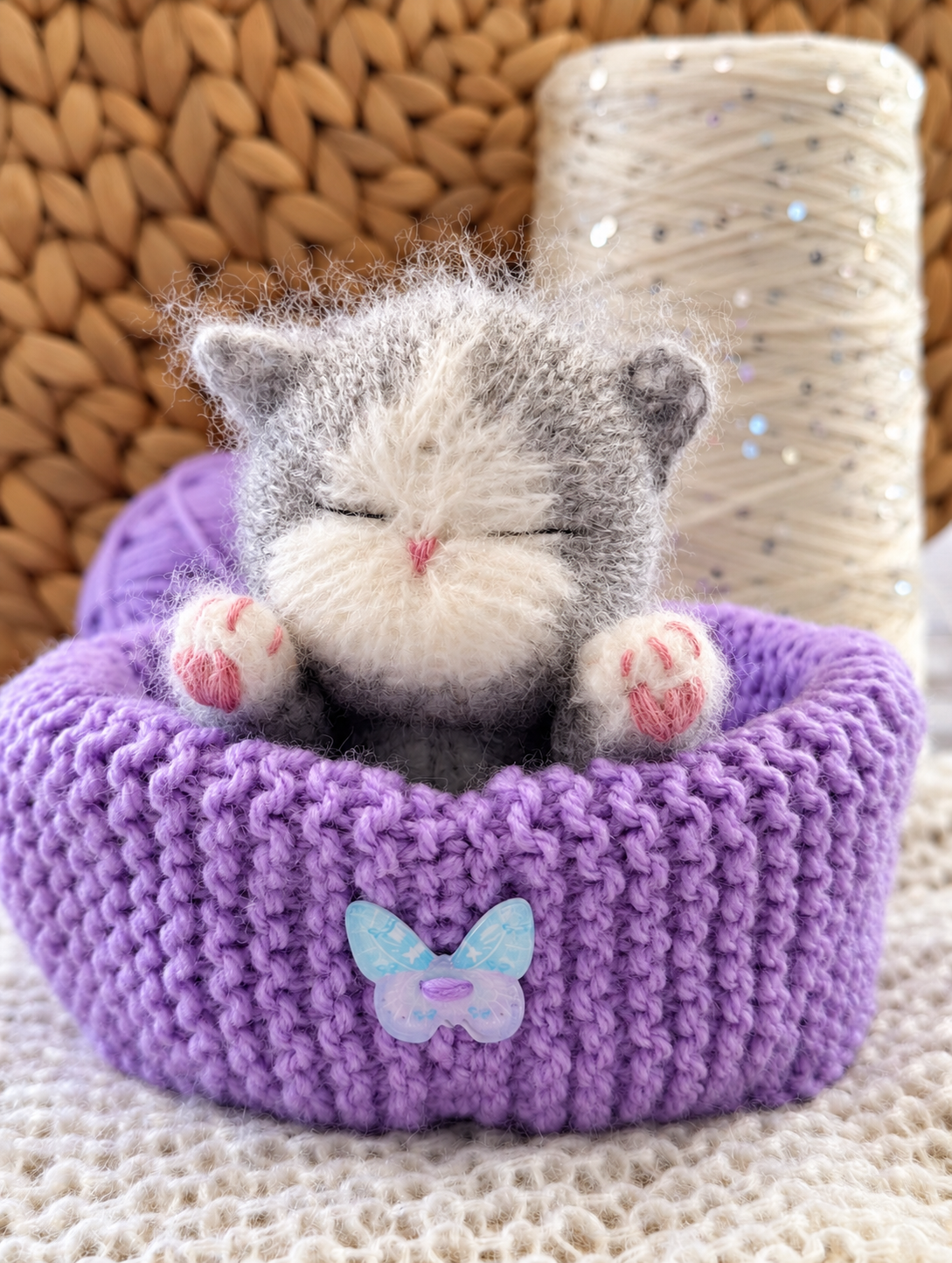 Handmade Grey Sleeping Kitten in a Lavender Bed