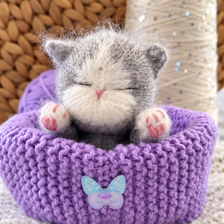 Handmade Grey Sleeping Kitten in a Lavender Bed