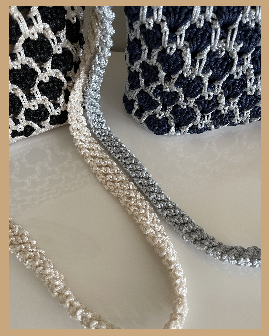 Handmade Crochet Crossbody Bag, Black & Cream and Navy & Grey, Fully Lined with Zip closure