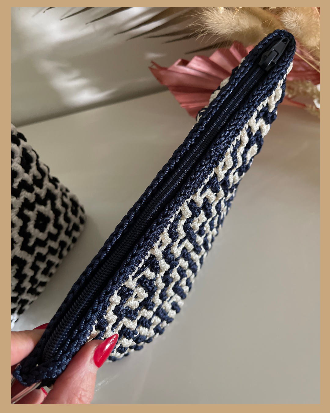 Handmade Crochet Mosaic Pattern Clutch Bag, Navy and Cream or Black and White with Zip