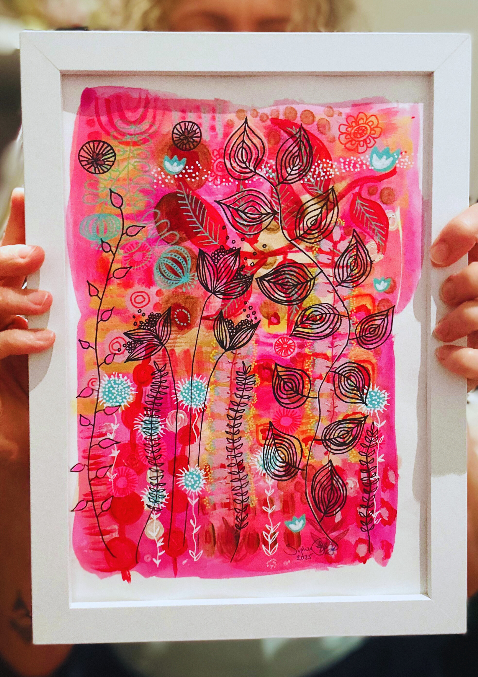 Hand Painted Original Art : Blossoming In Hot Pink