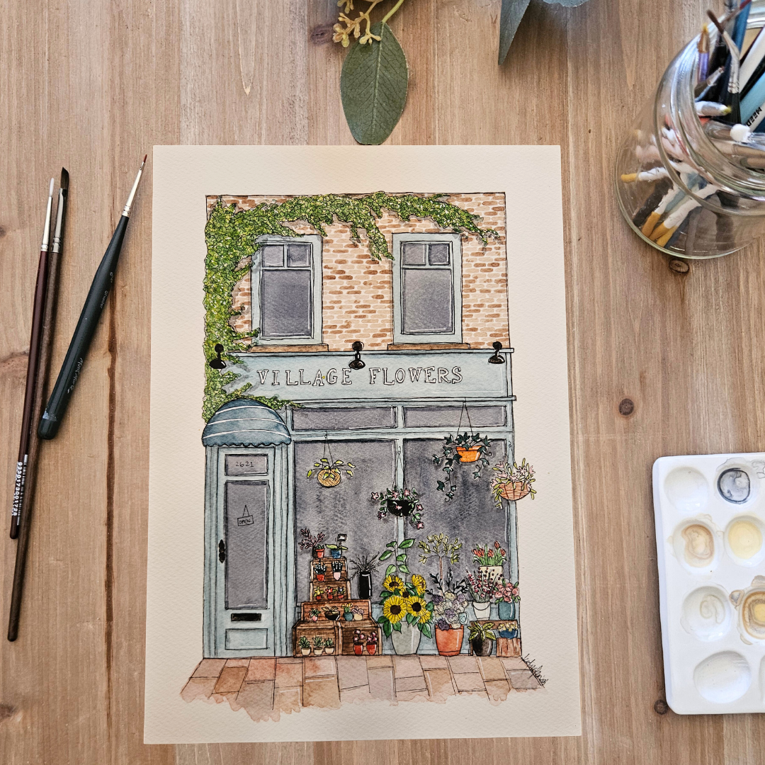 Watercolour Art Print - 'Village Flowers' Storefront