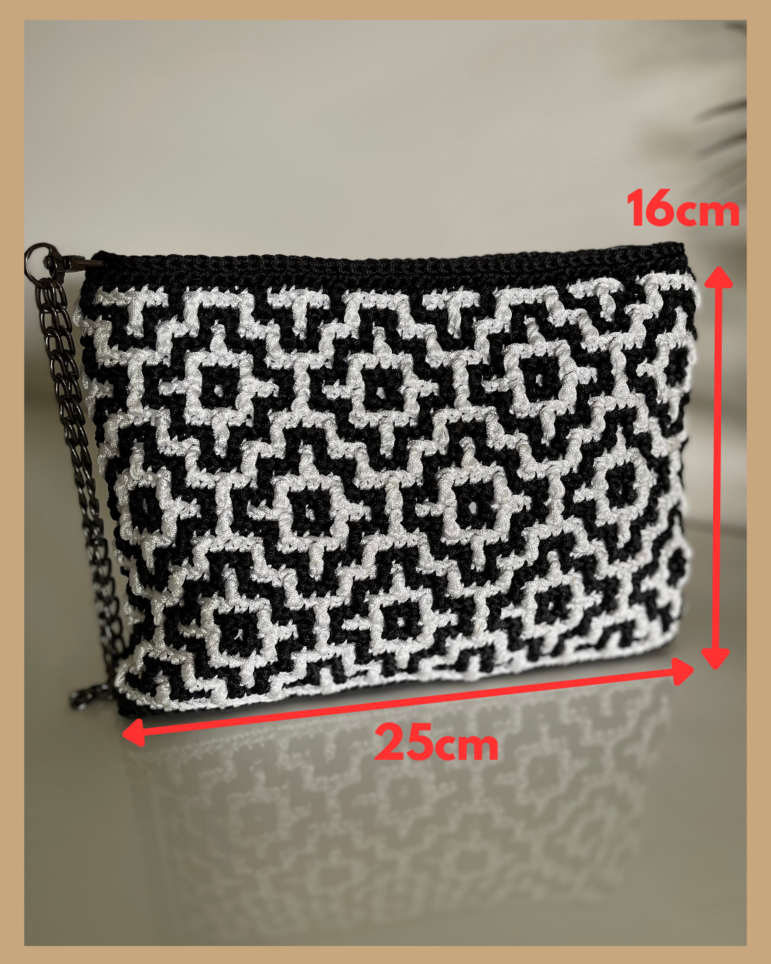 Handmade Crochet Mosaic Pattern Clutch Bag, Navy and Cream or Black and White with Zip