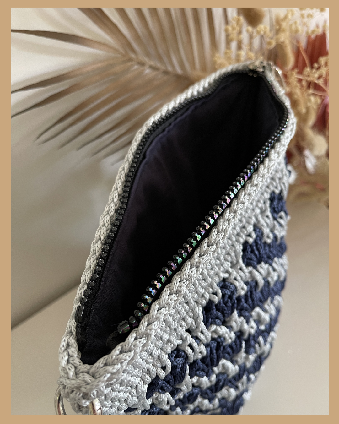 Handmade Crochet Crossbody Bag, Black & Cream and Navy & Grey, Fully Lined with Zip closure