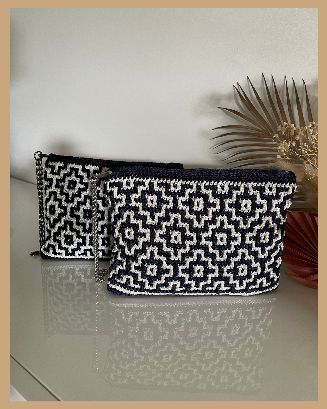 Handmade Crochet Mosaic Pattern Clutch Bag, Navy and Cream or Black and White with Zip