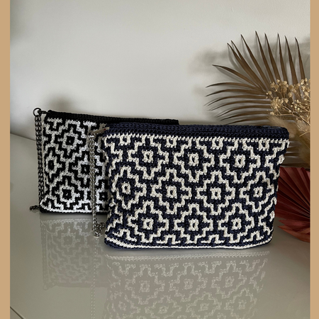 Handmade Crochet Mosaic Pattern Clutch Bag, Navy and Cream or Black and White with Zip
