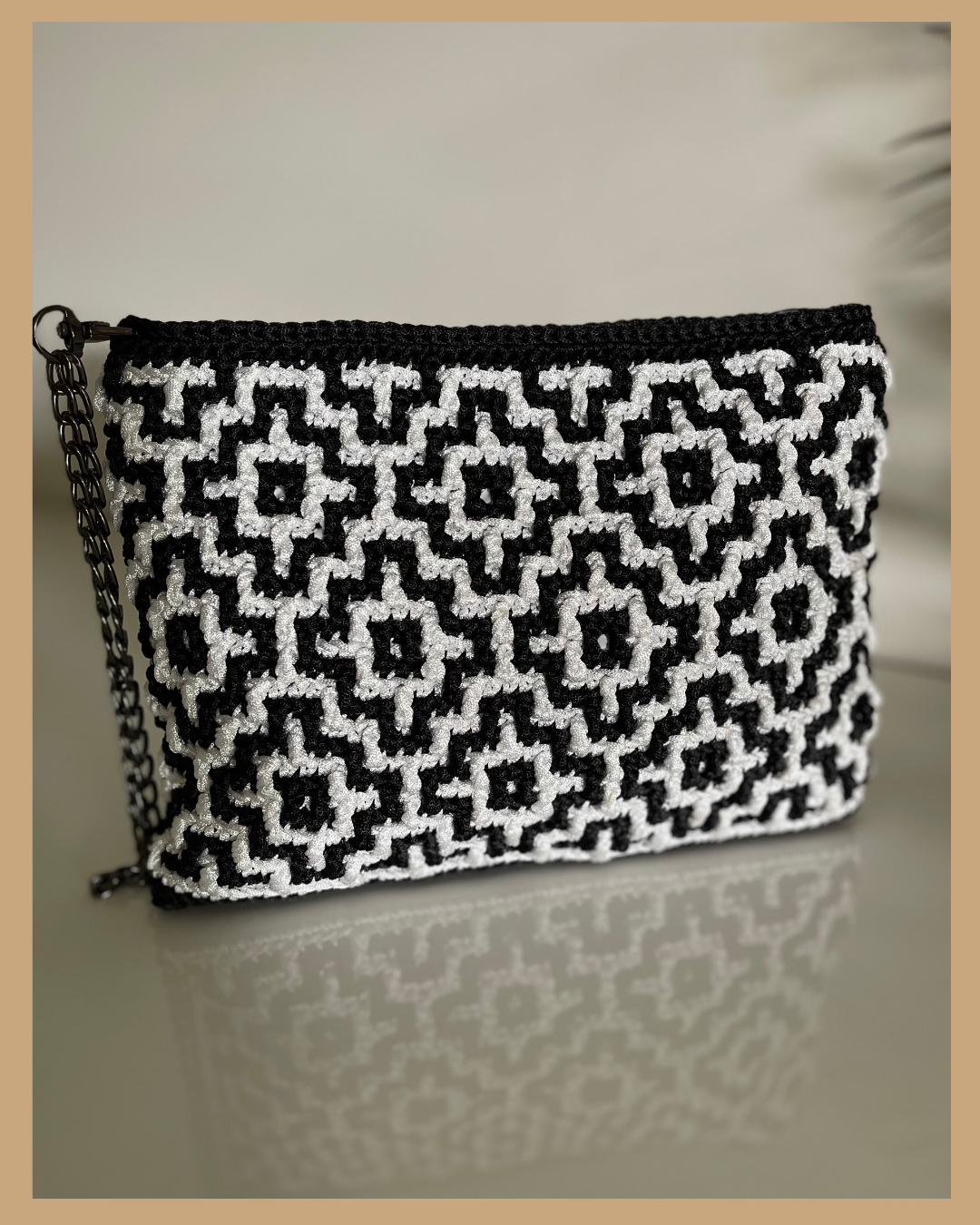 Handmade Crochet Mosaic Pattern Clutch Bag, Navy and Cream or Black and White with Zip