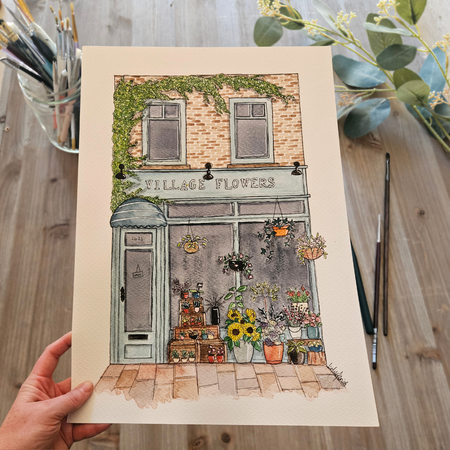 Watercolour Art Print - 'Village Flowers' Storefront