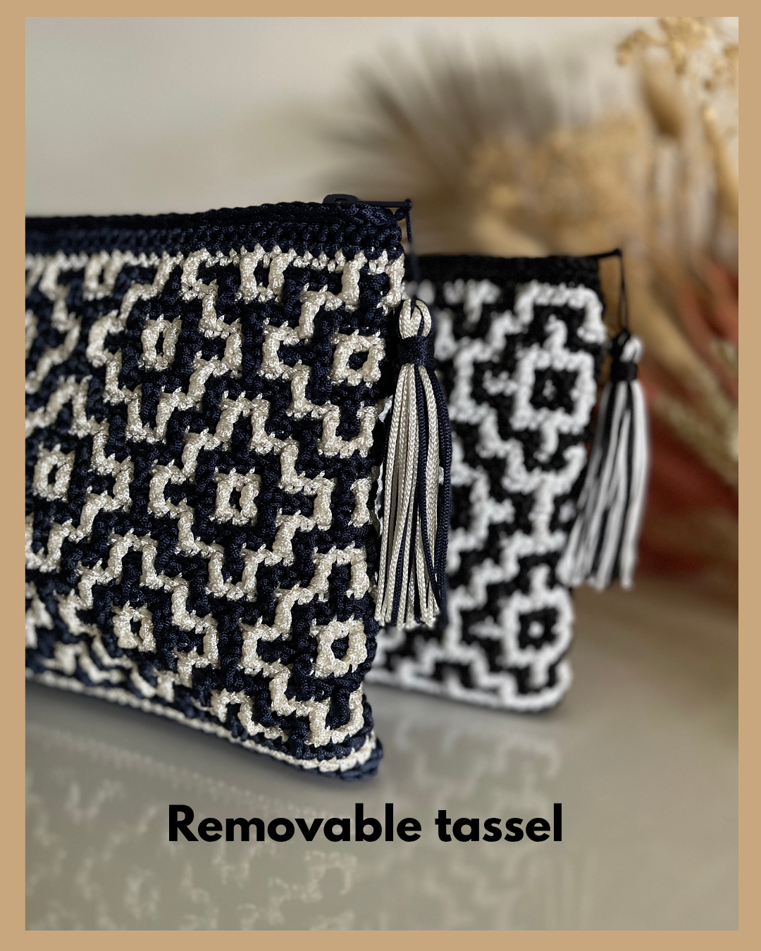 Handmade Crochet Mosaic Pattern Clutch Bag, Navy and Cream or Black and White with Zip