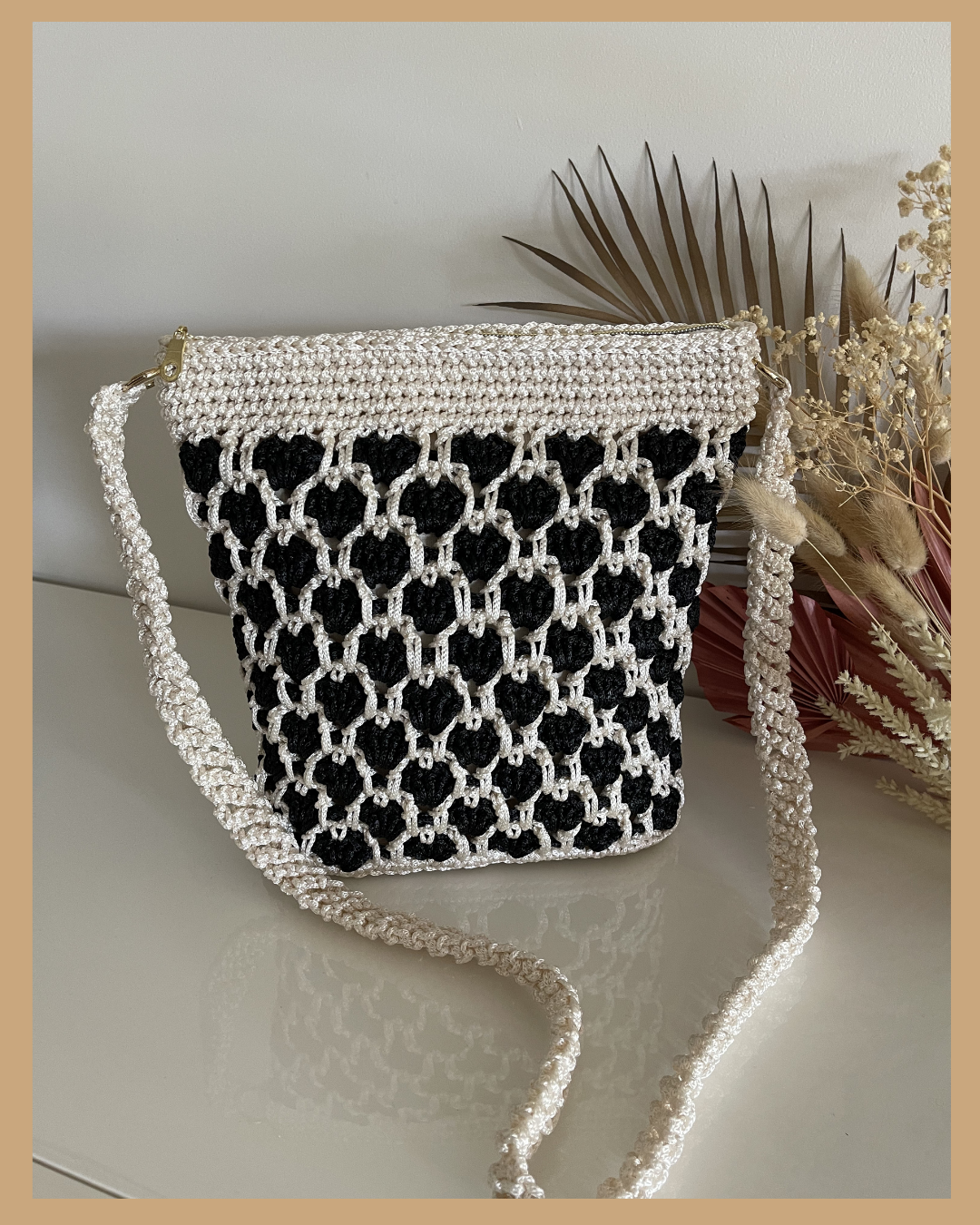 Handmade Crochet Crossbody Bag, Black & Cream and Navy & Grey, Fully Lined with Zip closure
