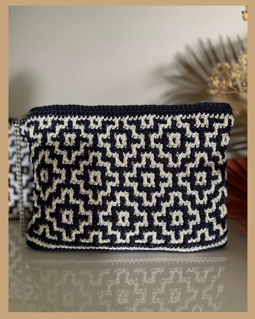 Handmade Crochet Mosaic Pattern Clutch Bag, Navy and Cream or Black and White with Zip