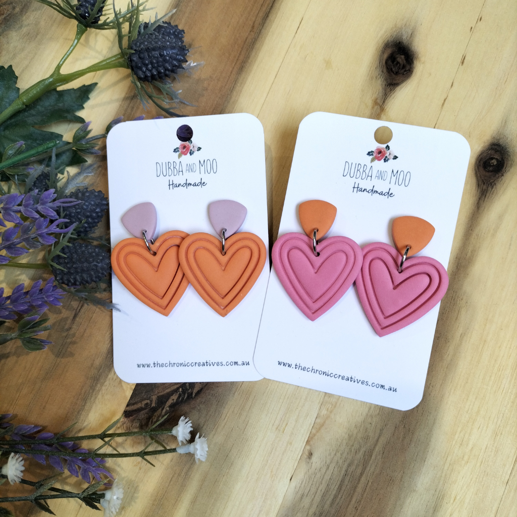 Embossed Heart Polymer Clay Dangle Earrings - Assorted Colours