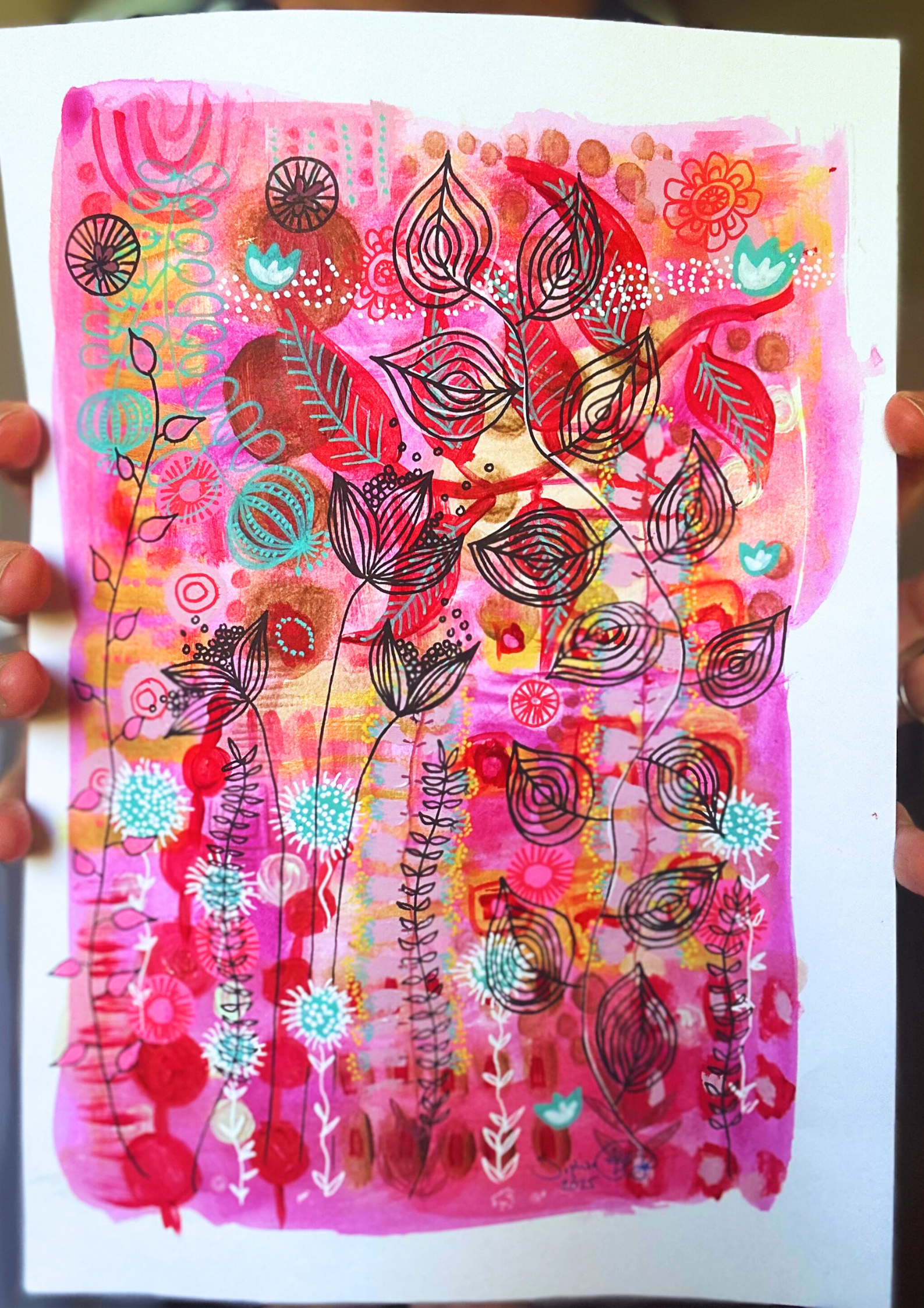 Hand Painted Original Art : Blossoming In Hot Pink