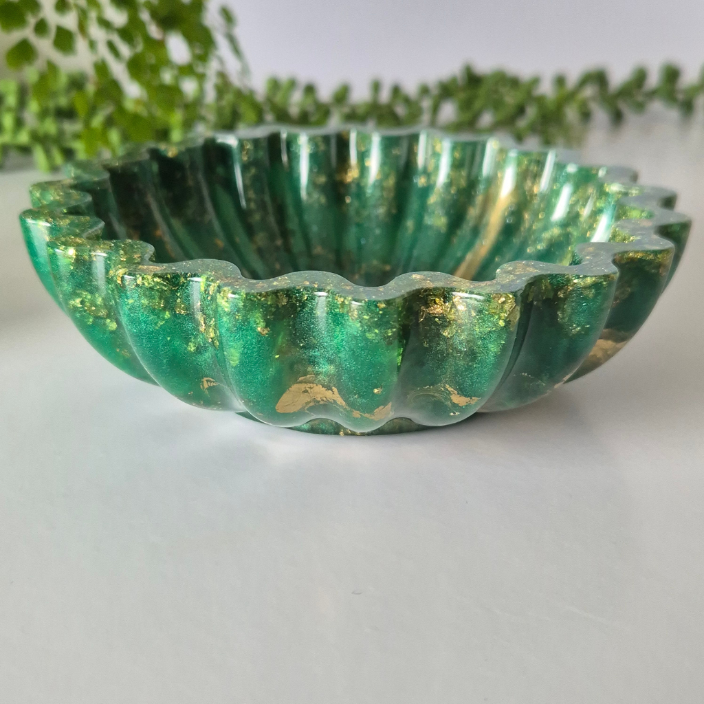 Green and Gold Resin Fluted Trinket Bowl