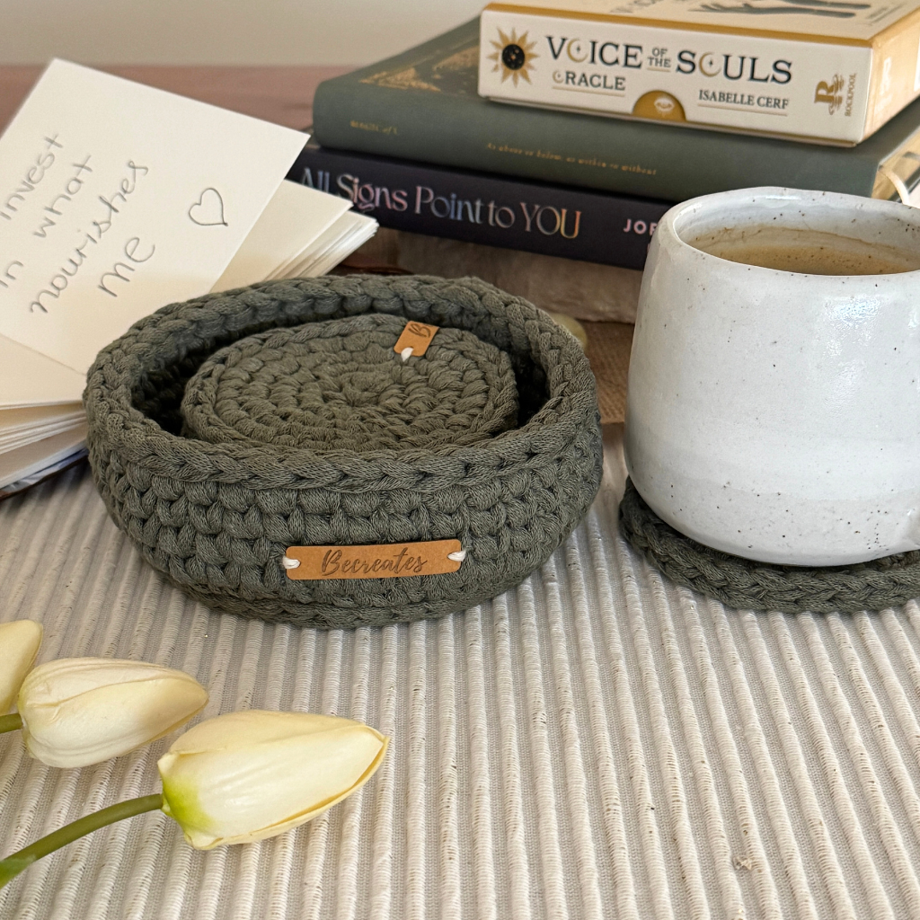 Eco Handmade Coasters with Basket Set | Earthy Green