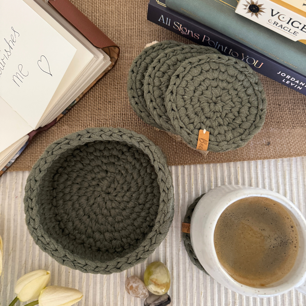 Eco Handmade Coasters with Basket Set | Earthy Green