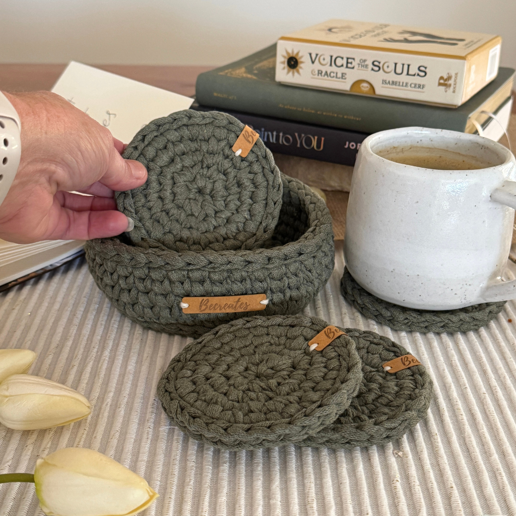 Eco Handmade Coasters with Basket Set | Earthy Green