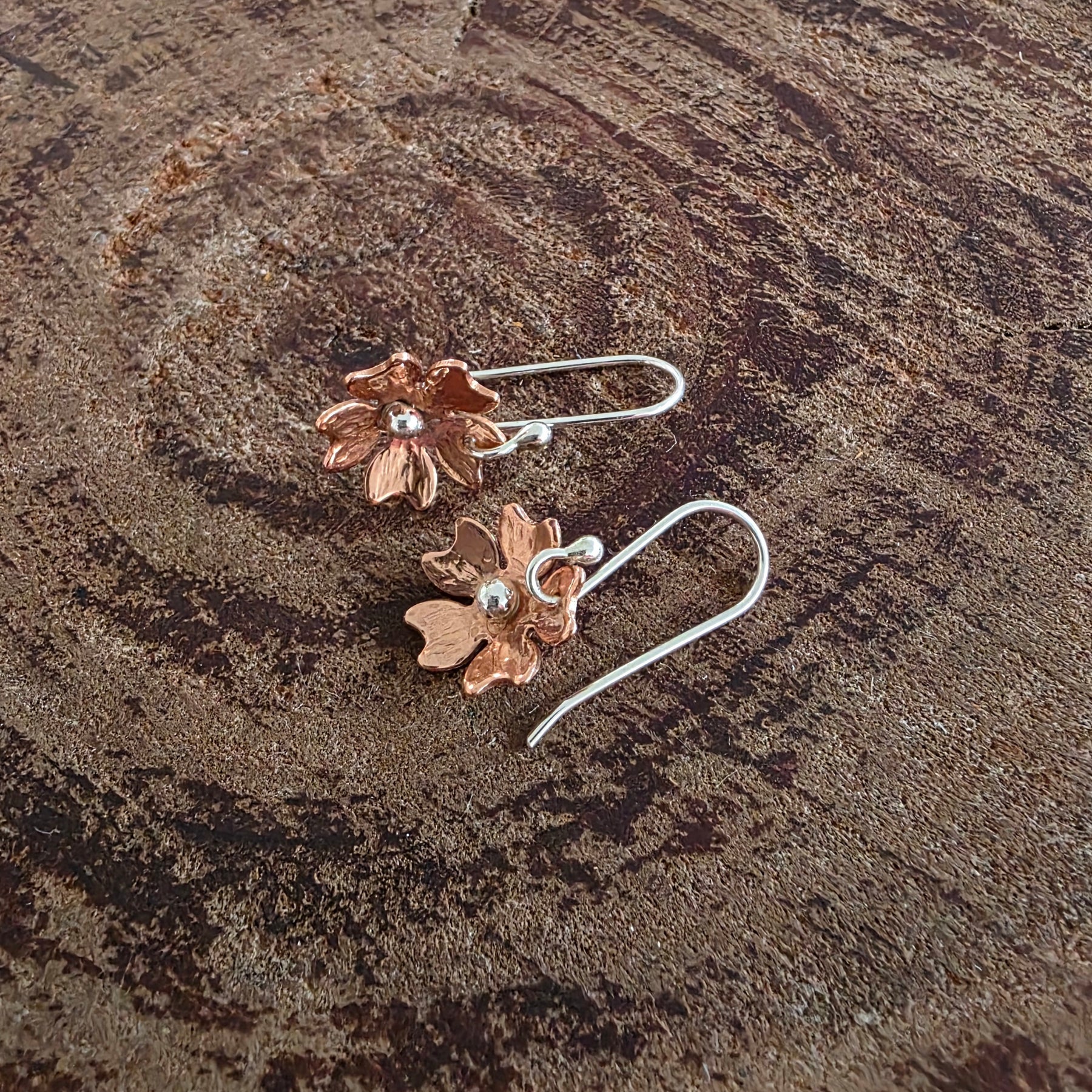 Cute copper and silver cherry blossom flower earrings