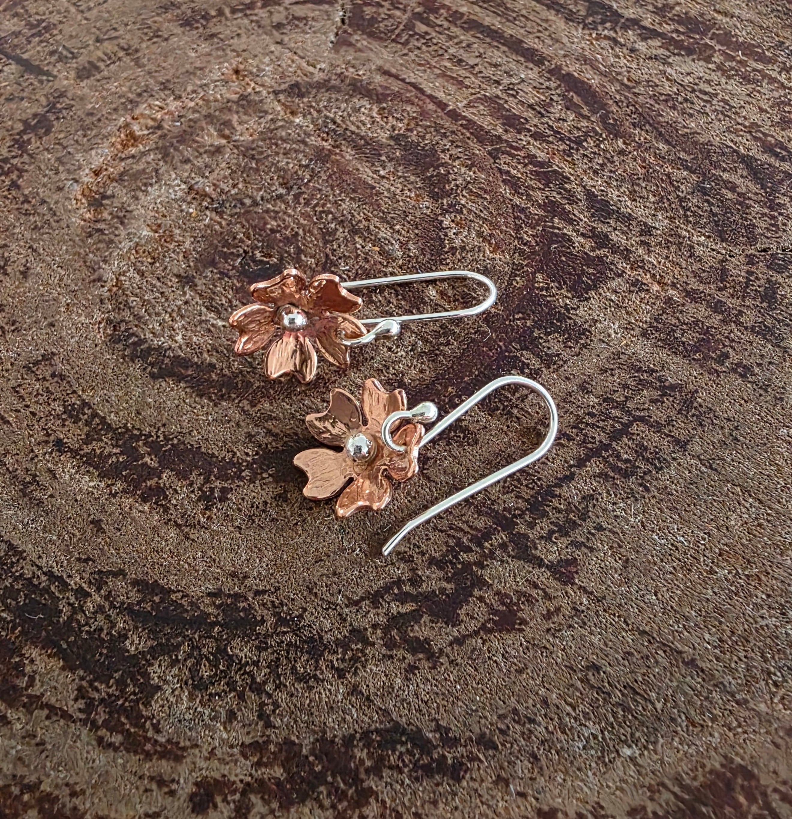 Cute copper and silver cherry blossom flower earrings