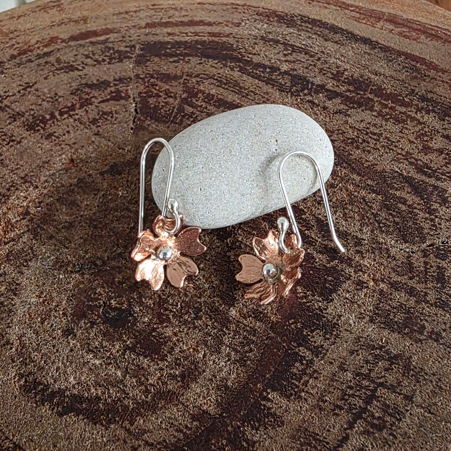 Cute copper and silver cherry blossom flower earrings