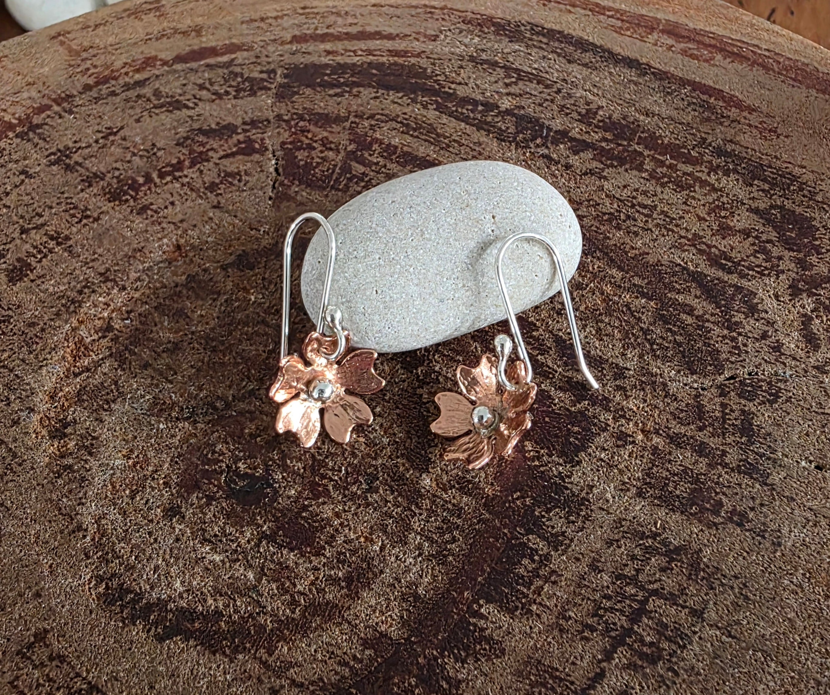 Cute copper and silver cherry blossom flower earrings