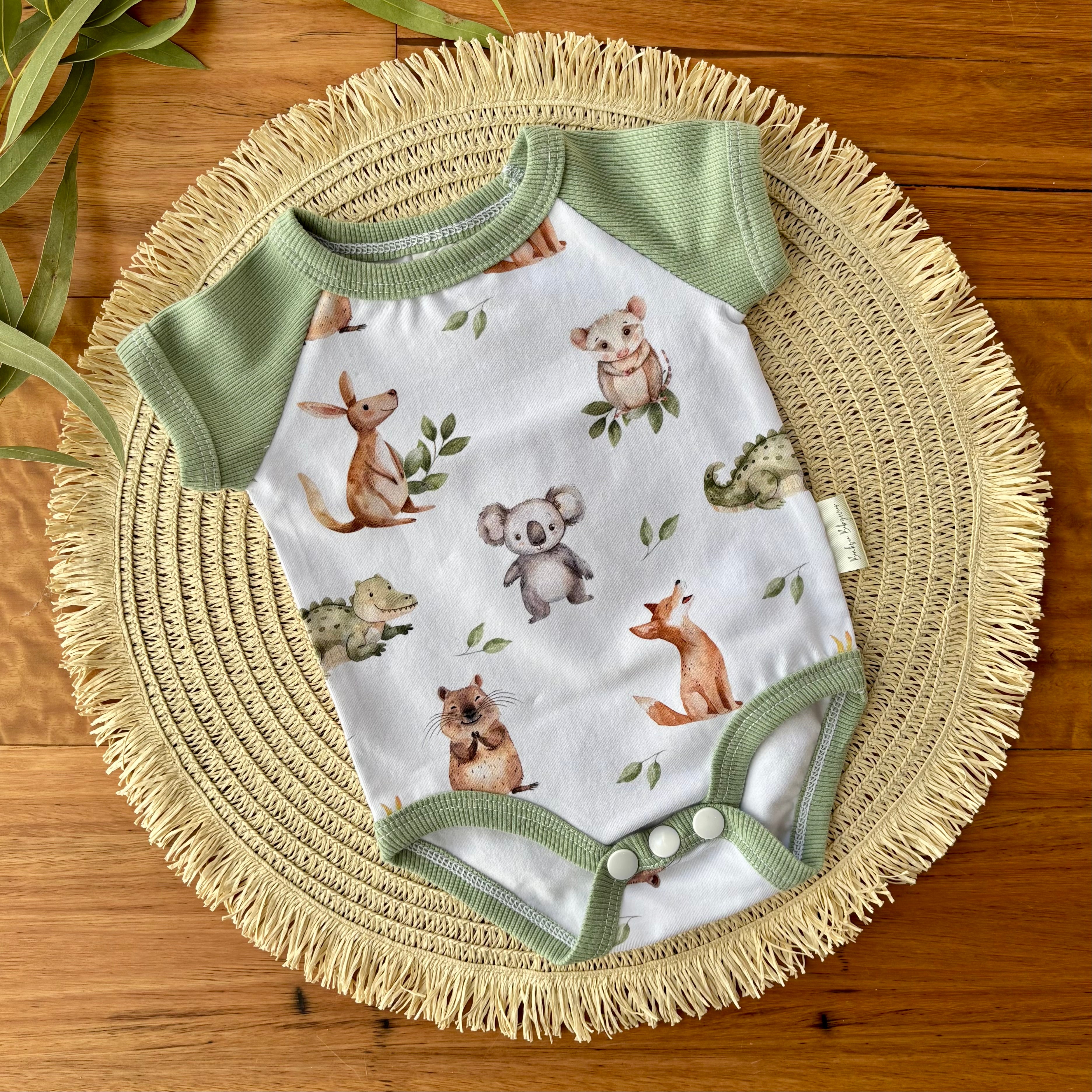 Baby Short Sleeved Bodysuit and Shorties | Green Aussie Animals | Size premmie to 2 | Made to order
