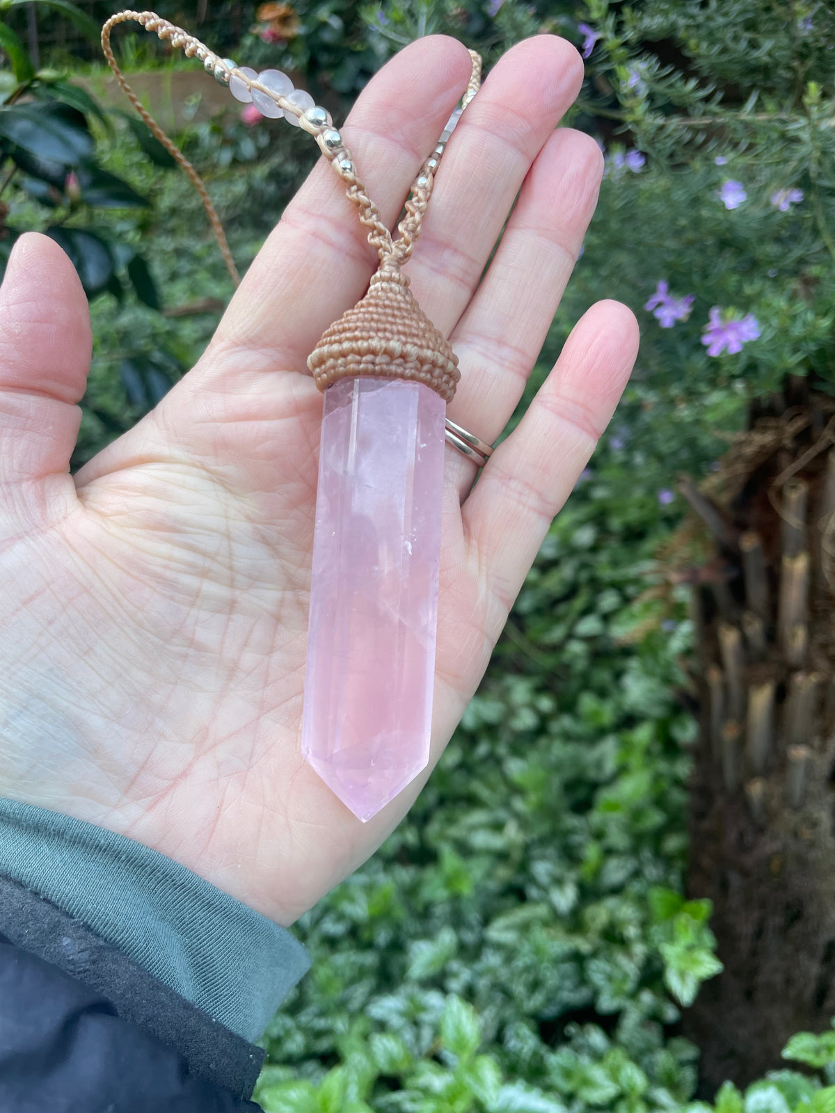 Rose quartz Pendant, double pointed crystal, Macrame necklace,