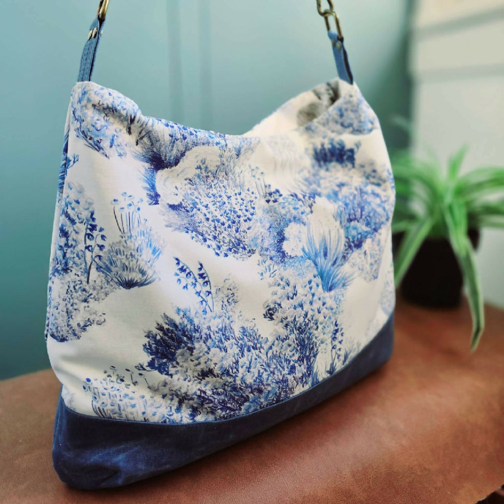 Everyday slouchy hobo bag - blue & white floral