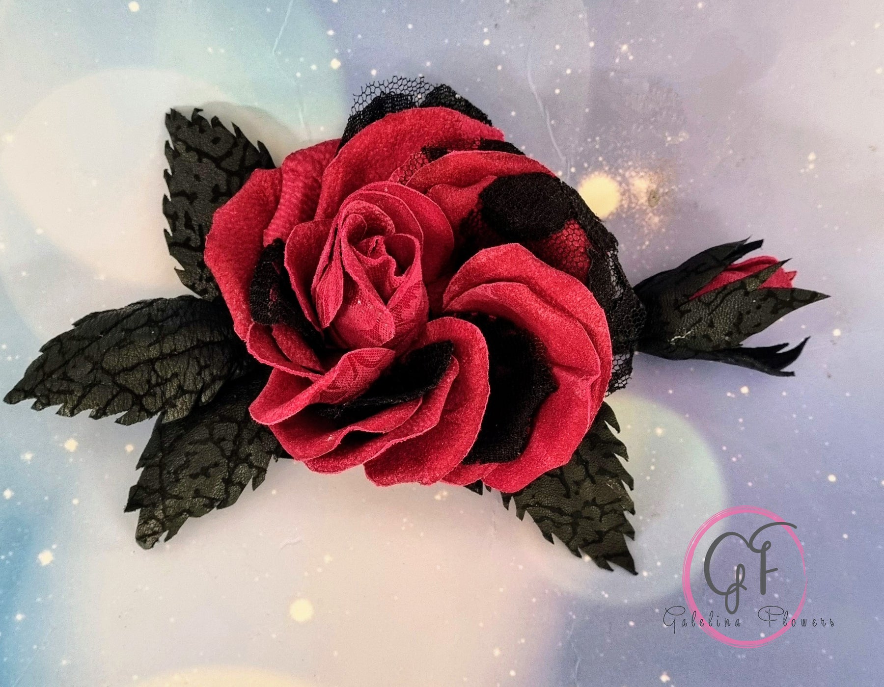 LEATHER CRIMSON ROSE “Dark Romance” pin brooch hair hat clip . Leather anniversary wedding gift. Millinery