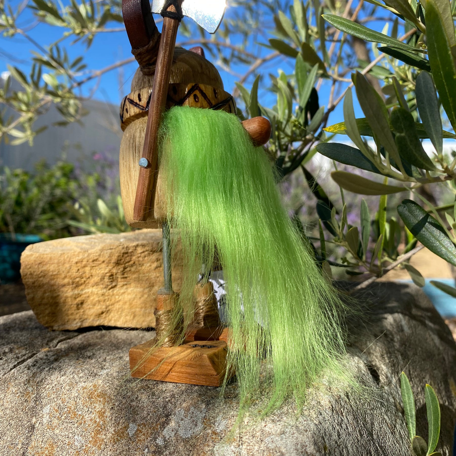 Handmade Wooden Viking Figure with Green Beard – Recycled Australian Timber Decor