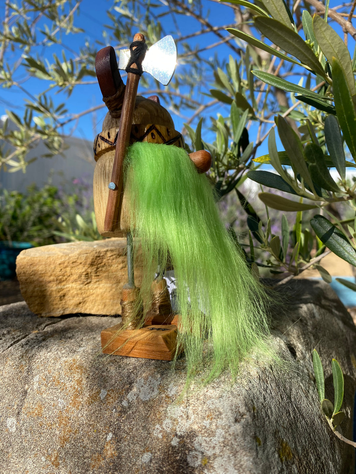 Handmade Wooden Viking Figure with Green Beard – Recycled Australian Timber Decor
